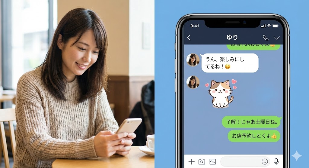 出会い系サイトで女性とLINEのようなやり取りが始まるイメージ